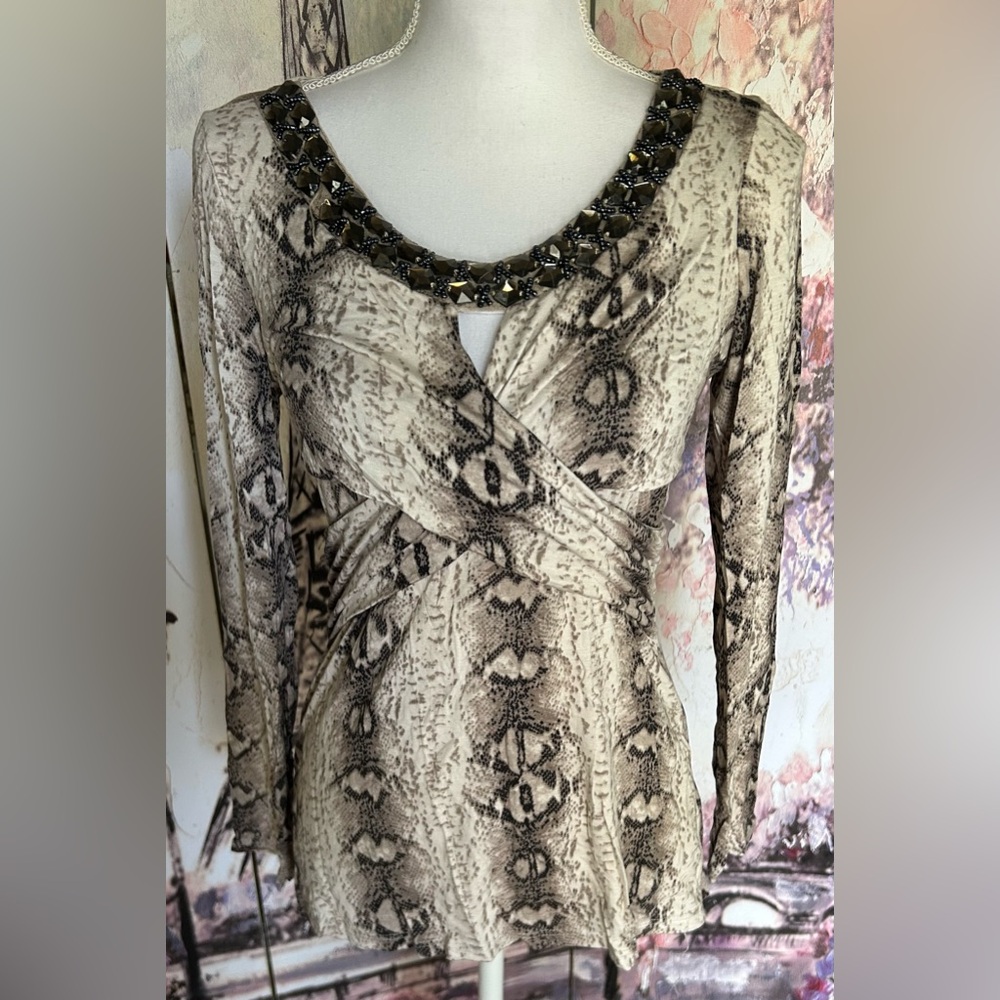 Venus - Elegant Snake Print Top with Embellished Neckline. Size M